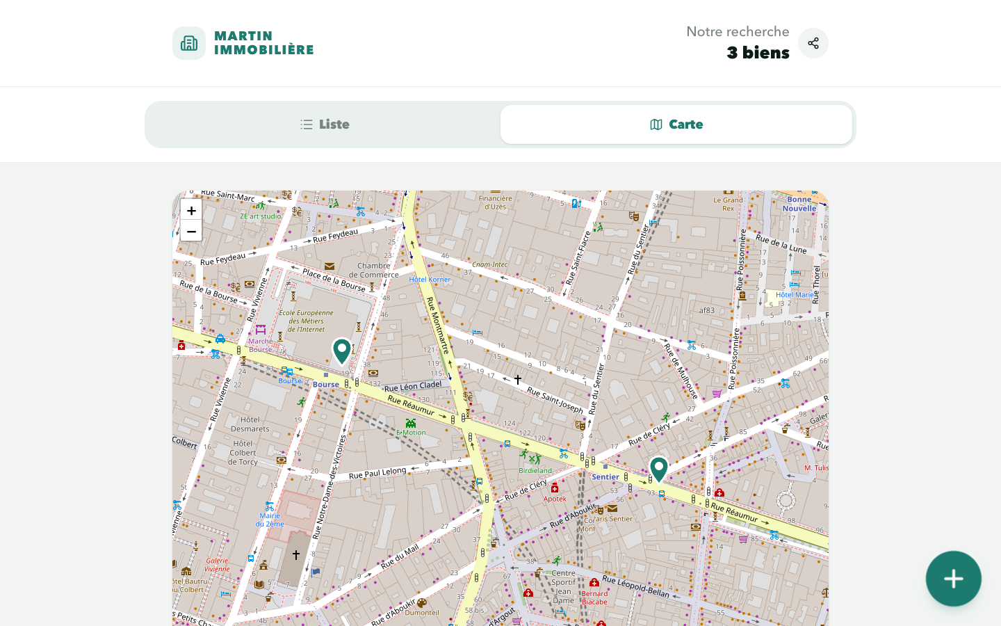 Vue carte avec les biens immobiliers épinglés sur le secteur