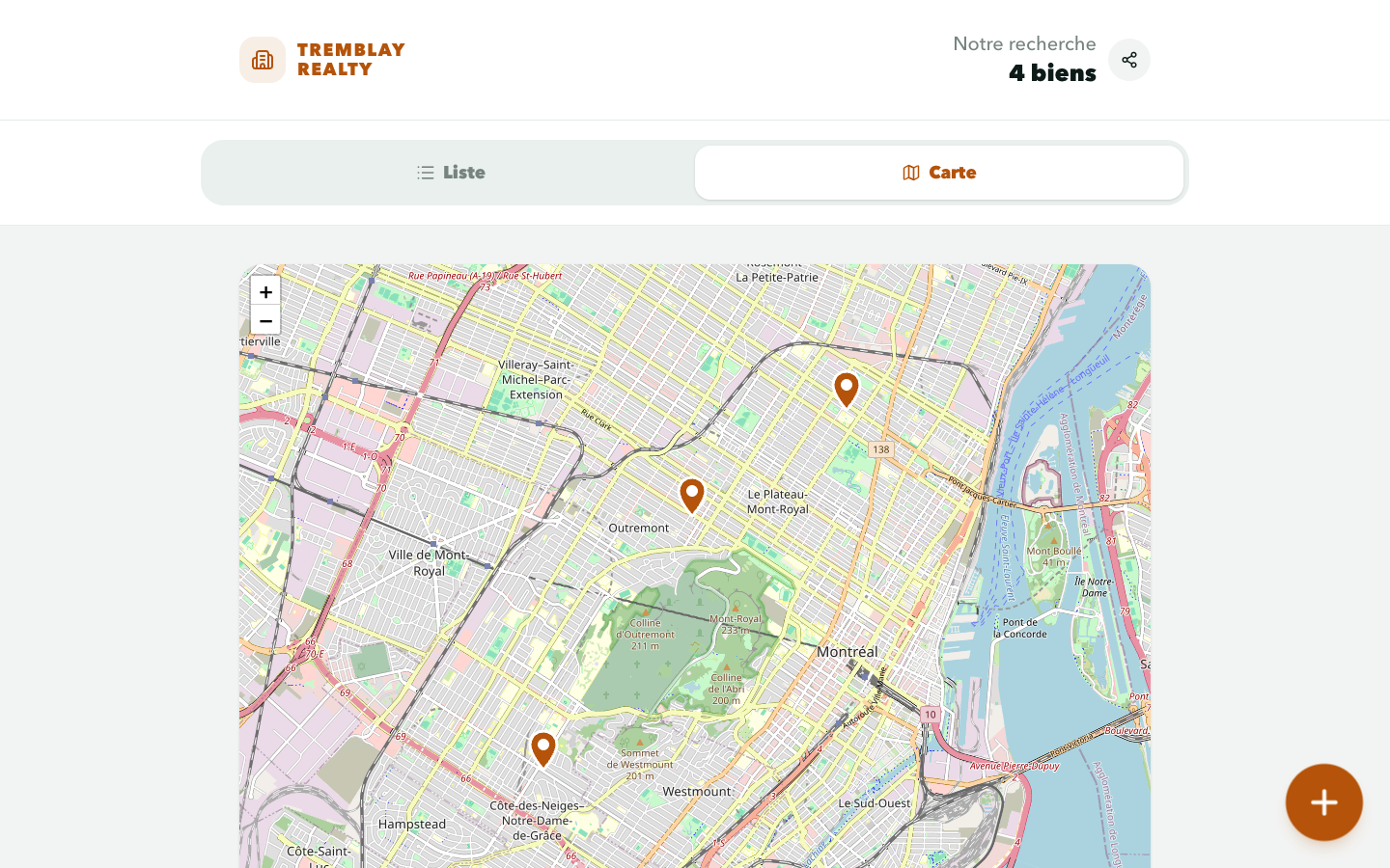 Map view with properties pinned across the area