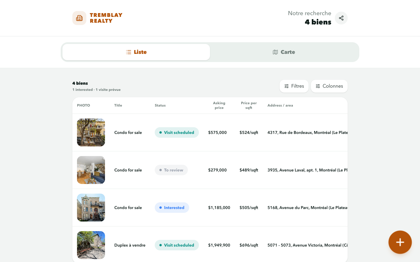 Web dashboard: property table with price per square foot, area, status and rating