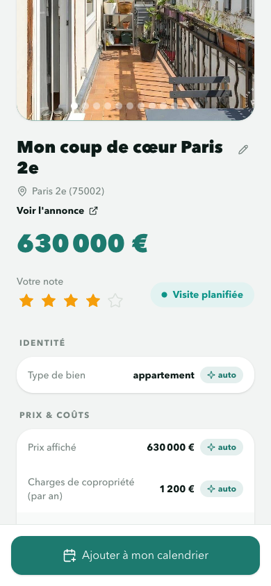 Fiche détaillée d'un bien sur mobile
